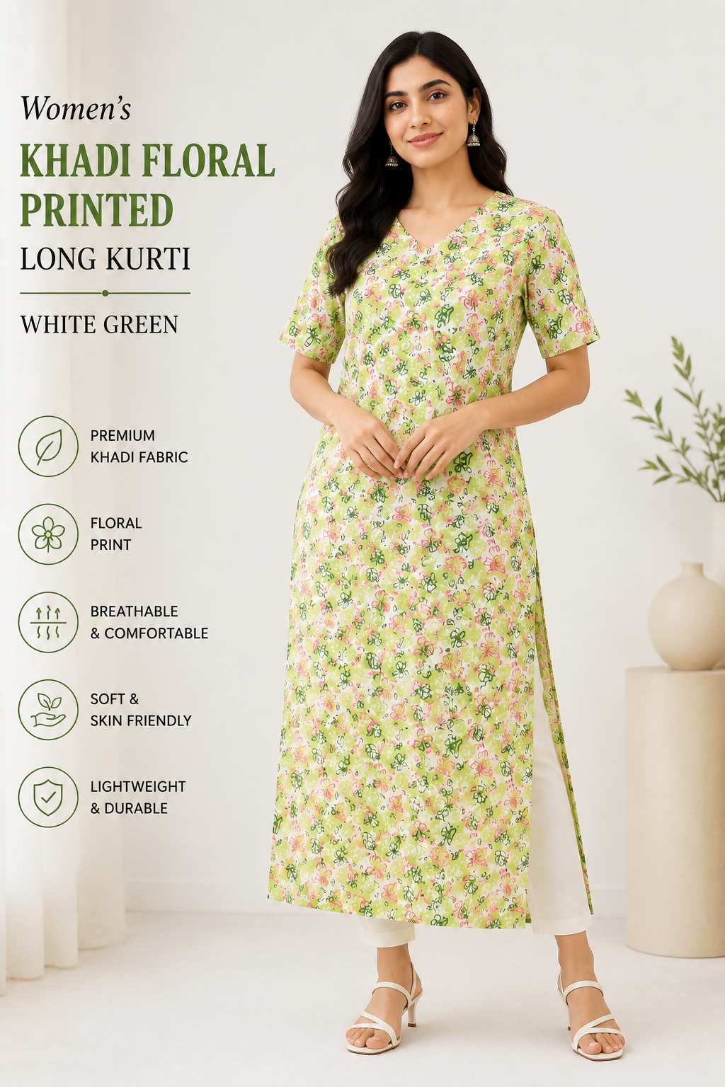 Women's Khadi Floral Printed Long Kurti – White Green