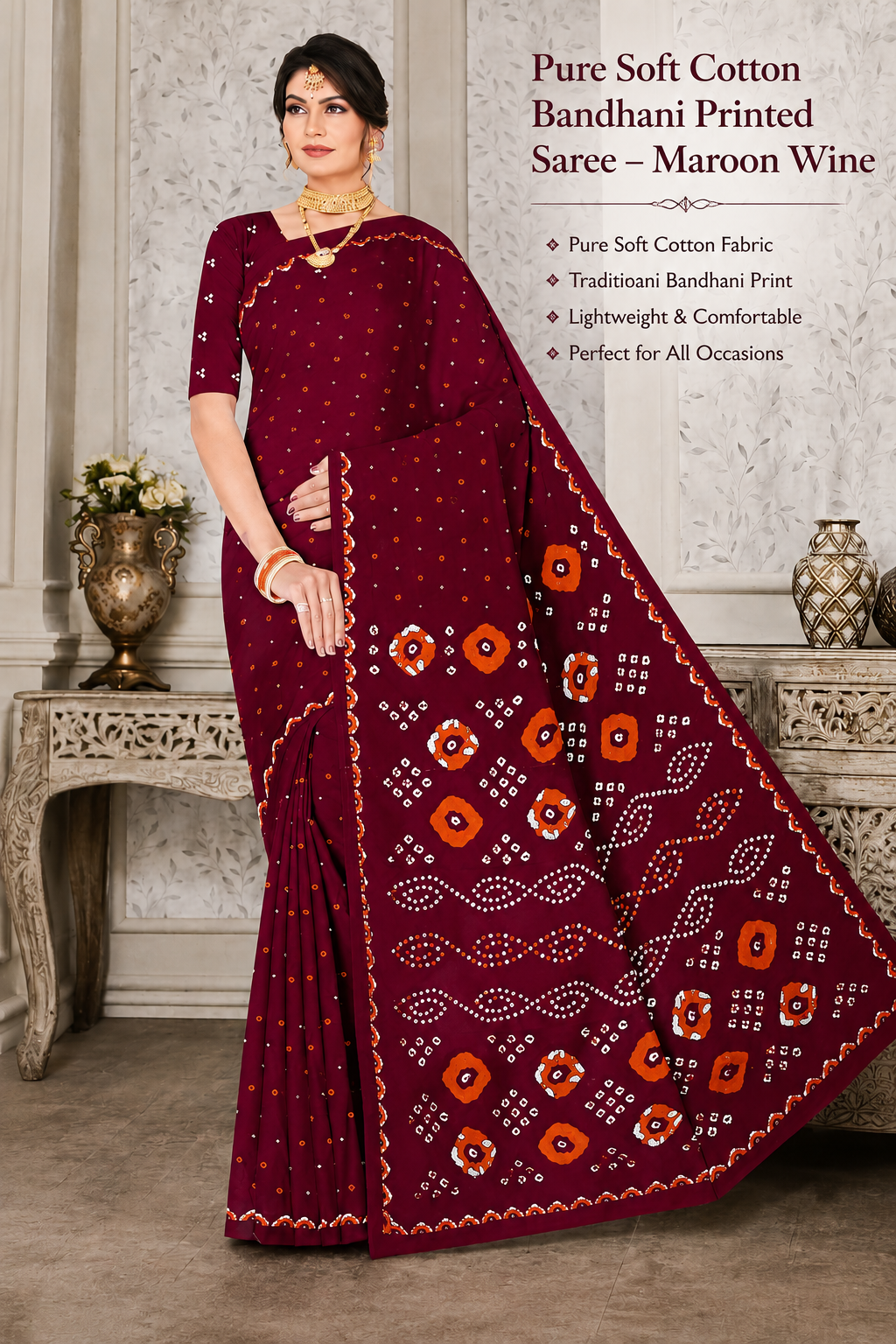 Pure Soft Cotton Bandhani Printed Saree – Maroon Wine