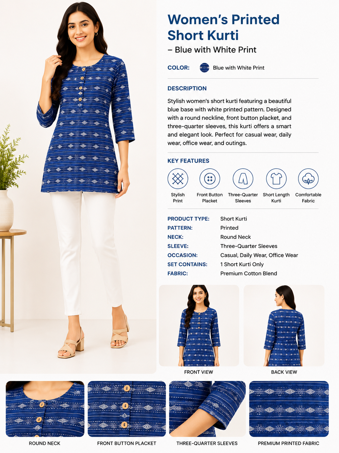 Women's Printed Short Kurti – Blue & White Geometric Print