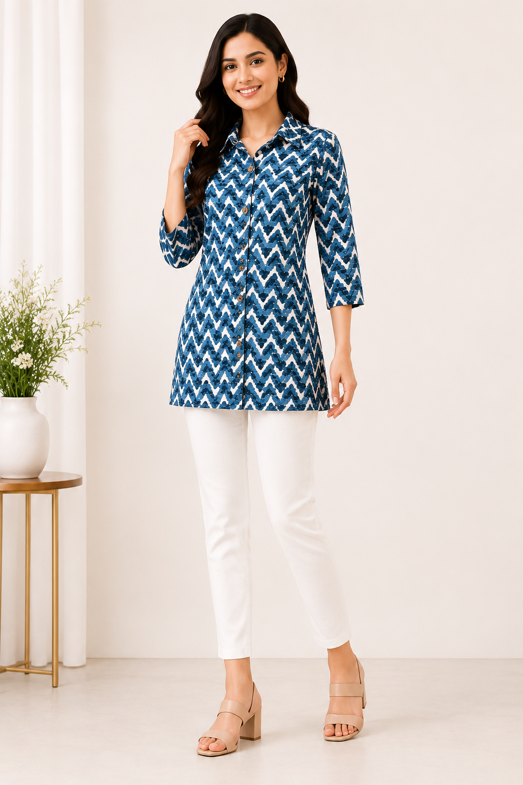 Women's Printed Short Kurti – Blue & White Chevron Print