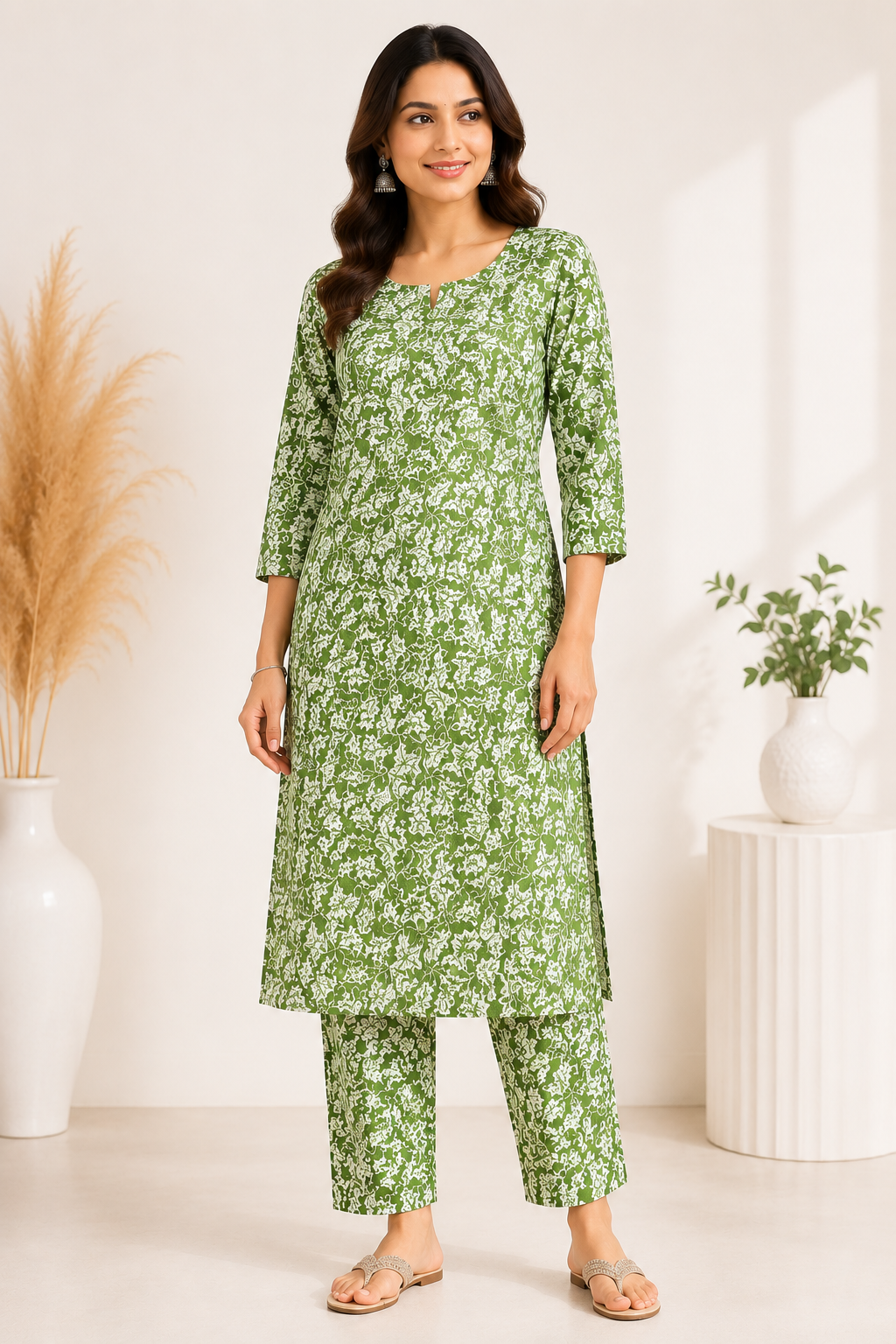 Women's Khadi Printed Long Kurti – Olive Green