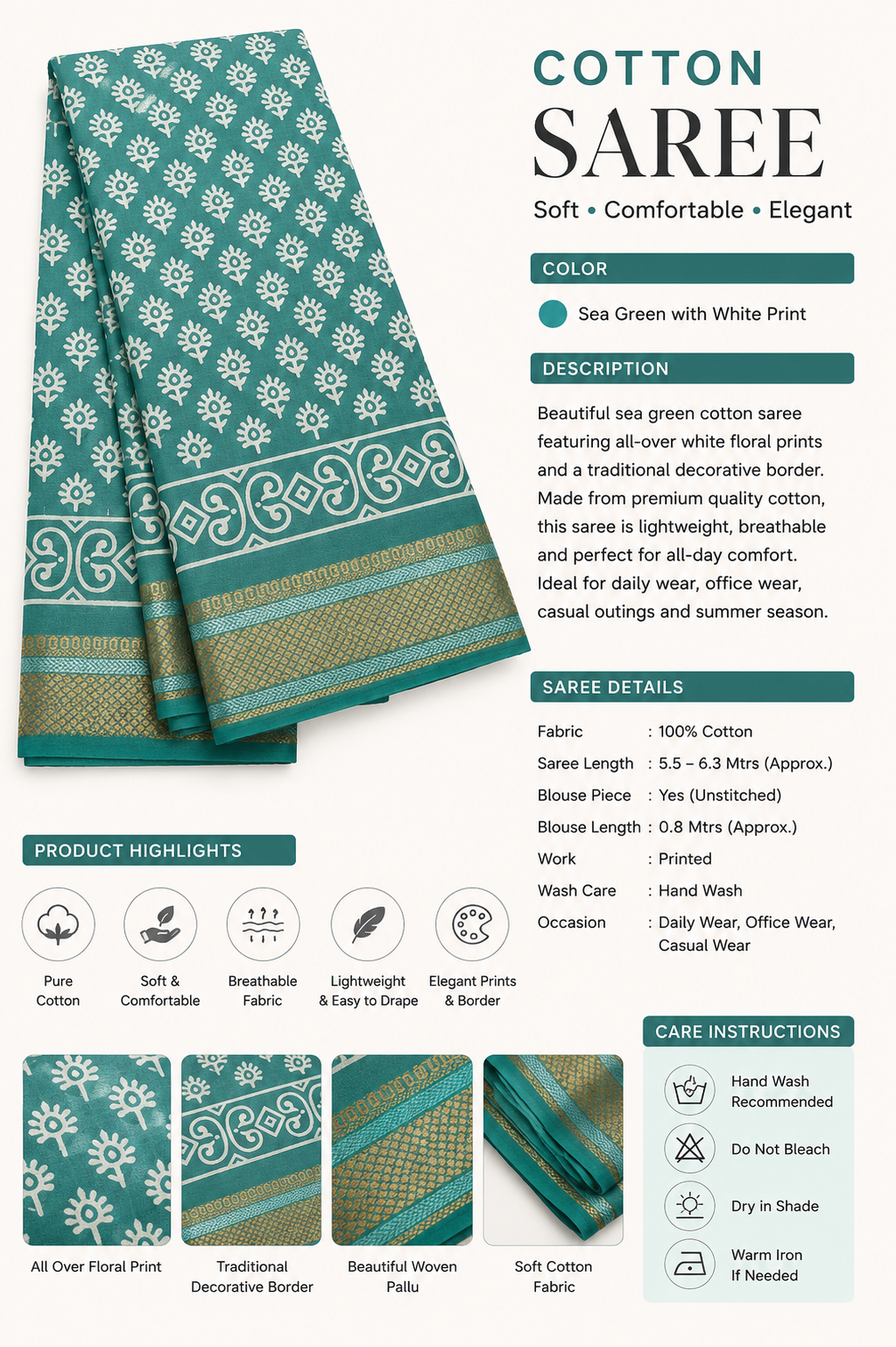 Women's Maslin Cotton Printed Saree – Sea Green & White Floral Print