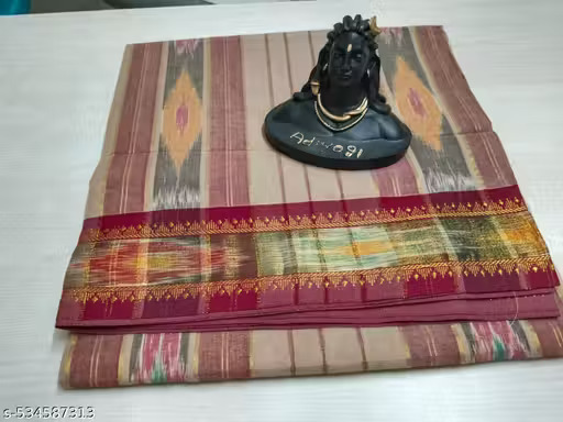 Premium Khadi Cotton Saree – Beige Ikat Design with Maroon Zari Border
