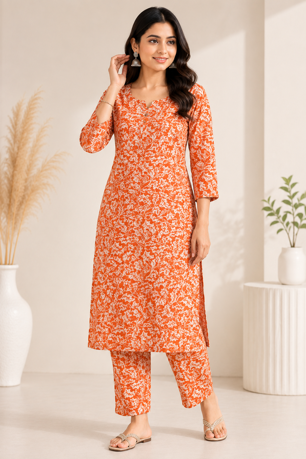 Women's Khadi Printed Long Kurti – Orange