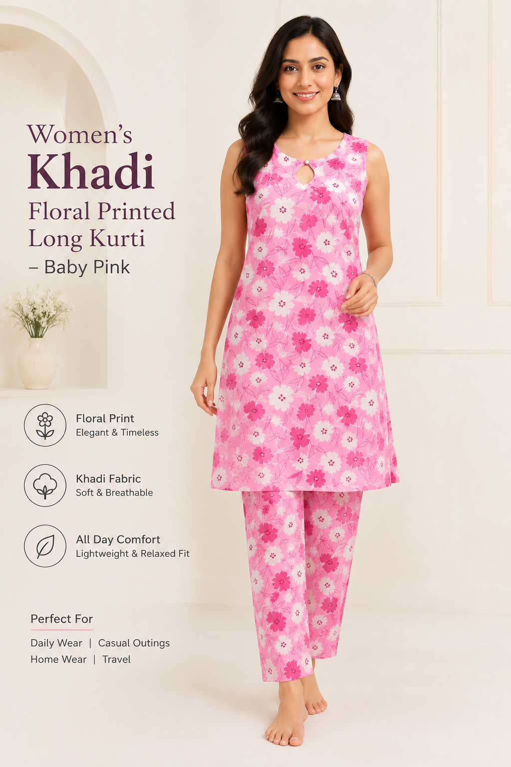 Women's Khadi Floral Printed Long Kurti – Baby Pink