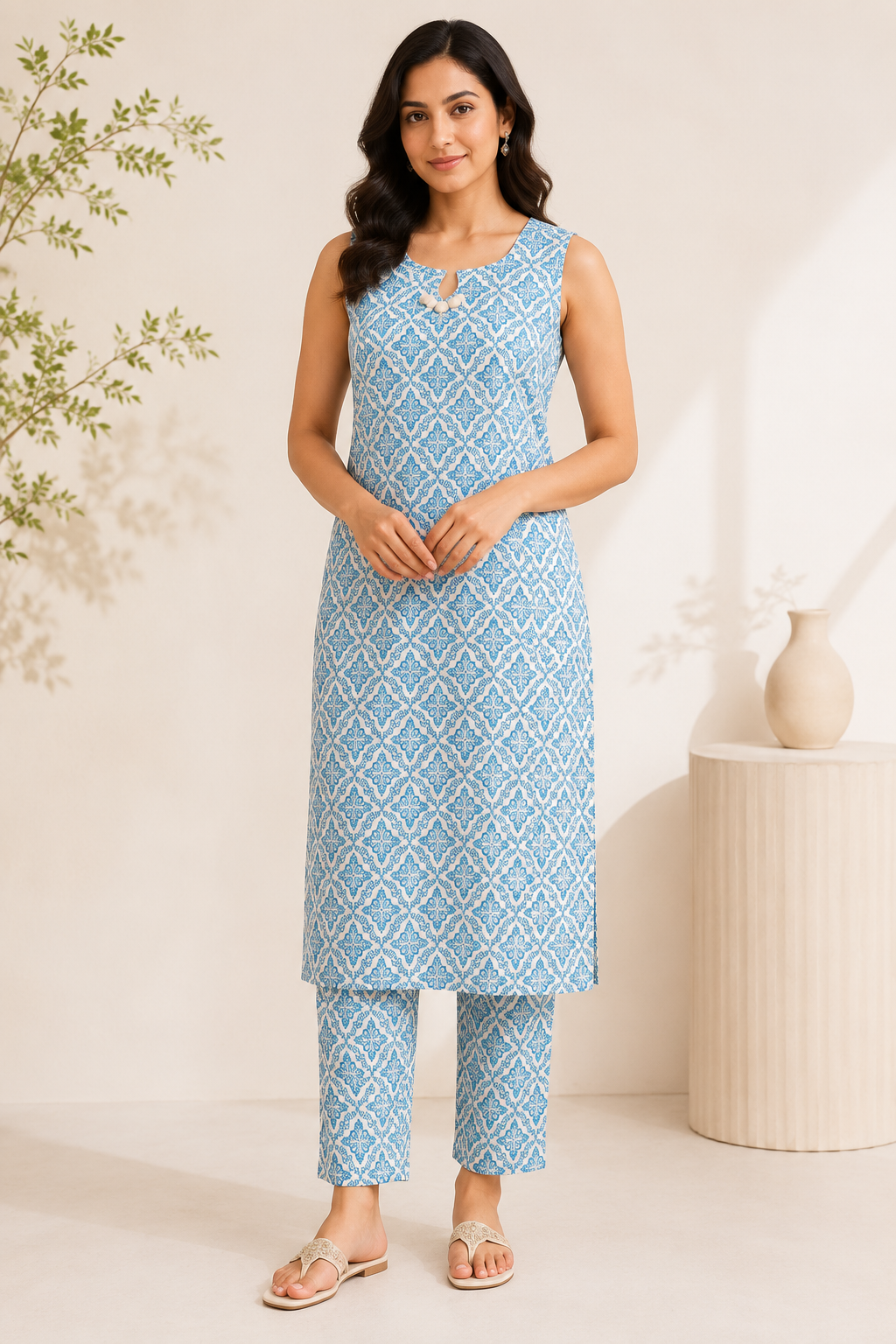 Women's Khadi Printed Sleeveless Long Kurti – Sky Blue